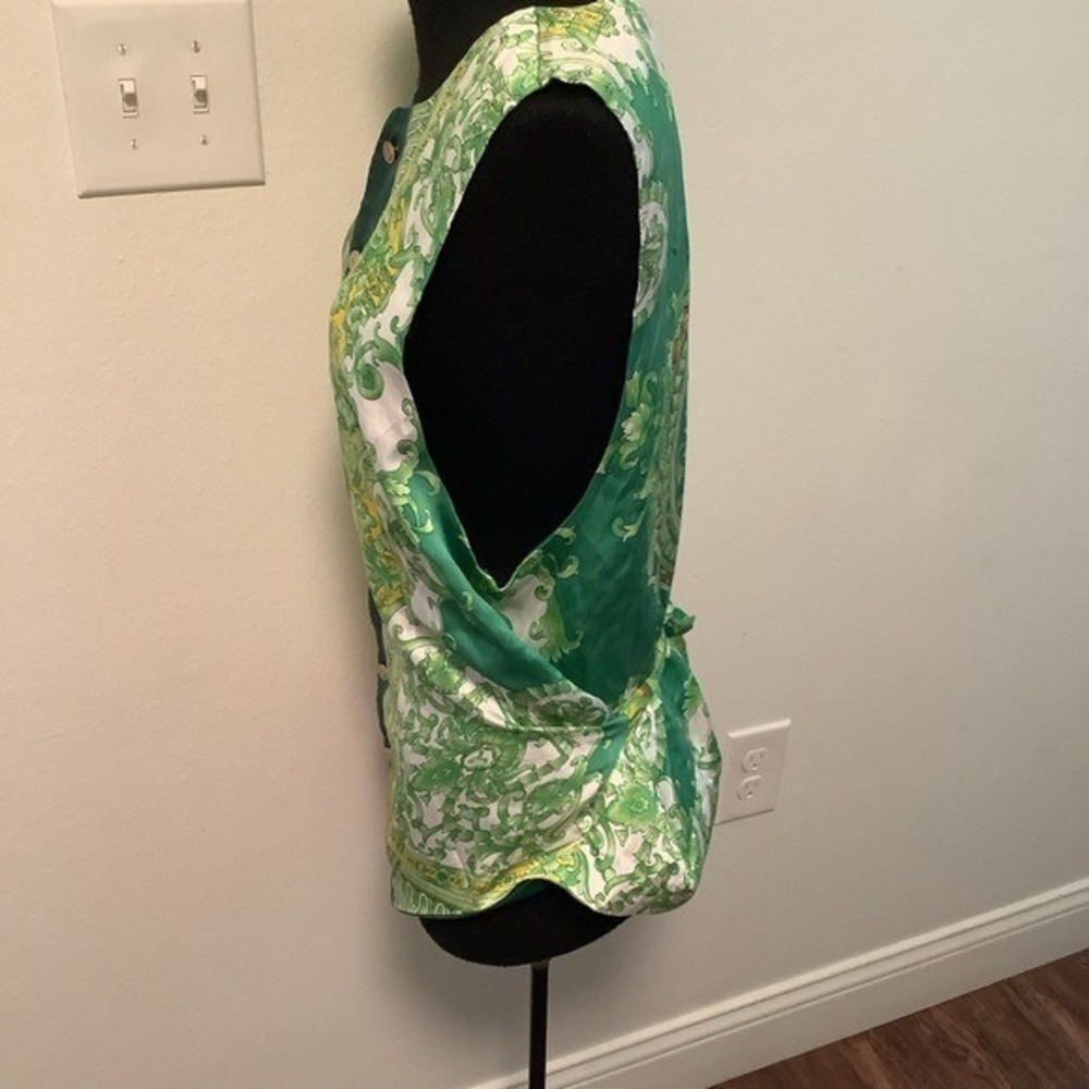Vintage 100% Silk Green Baroque Medusa Print Button Front Vest Cinch Back XL - Picture 8 of 9